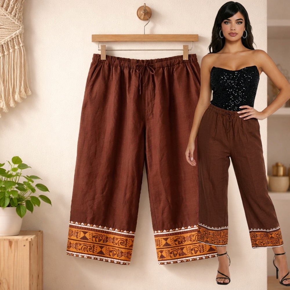 🛍️ MARSH LANDING Aztec Boho Brown Linen Bead Wide Leg Cropped Pants Size X-LARGE